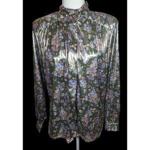 Shara Vintage Metallic Floral Slick Feel Button Up Blouse With Shoulder Pads